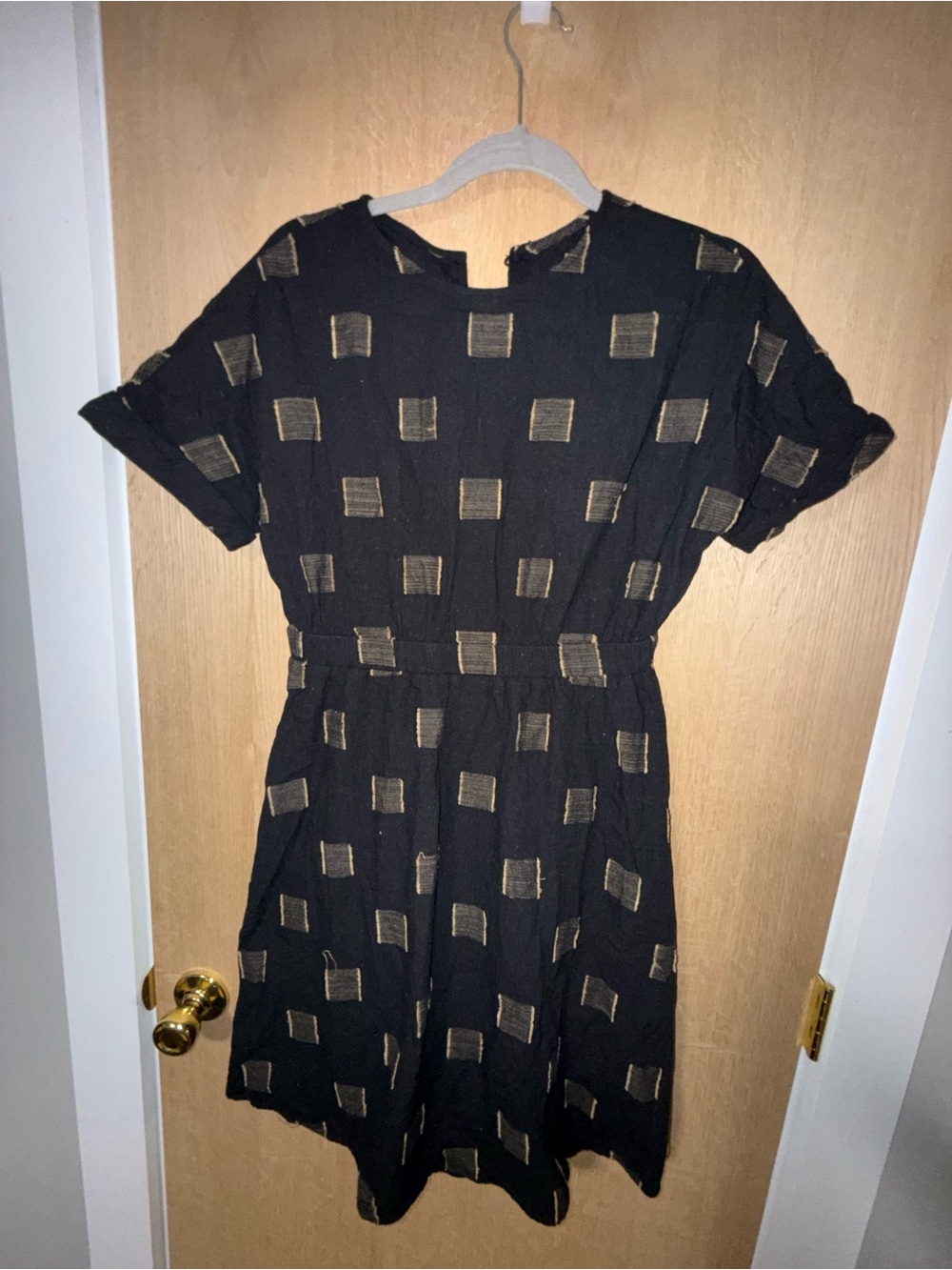 Black Dress with Gold Square Accent - Women's Short Sleeve no size fits like Med